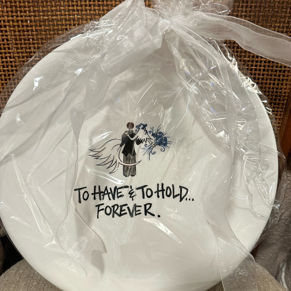 Magnolia White Wedding Plate with Black and Blue Design